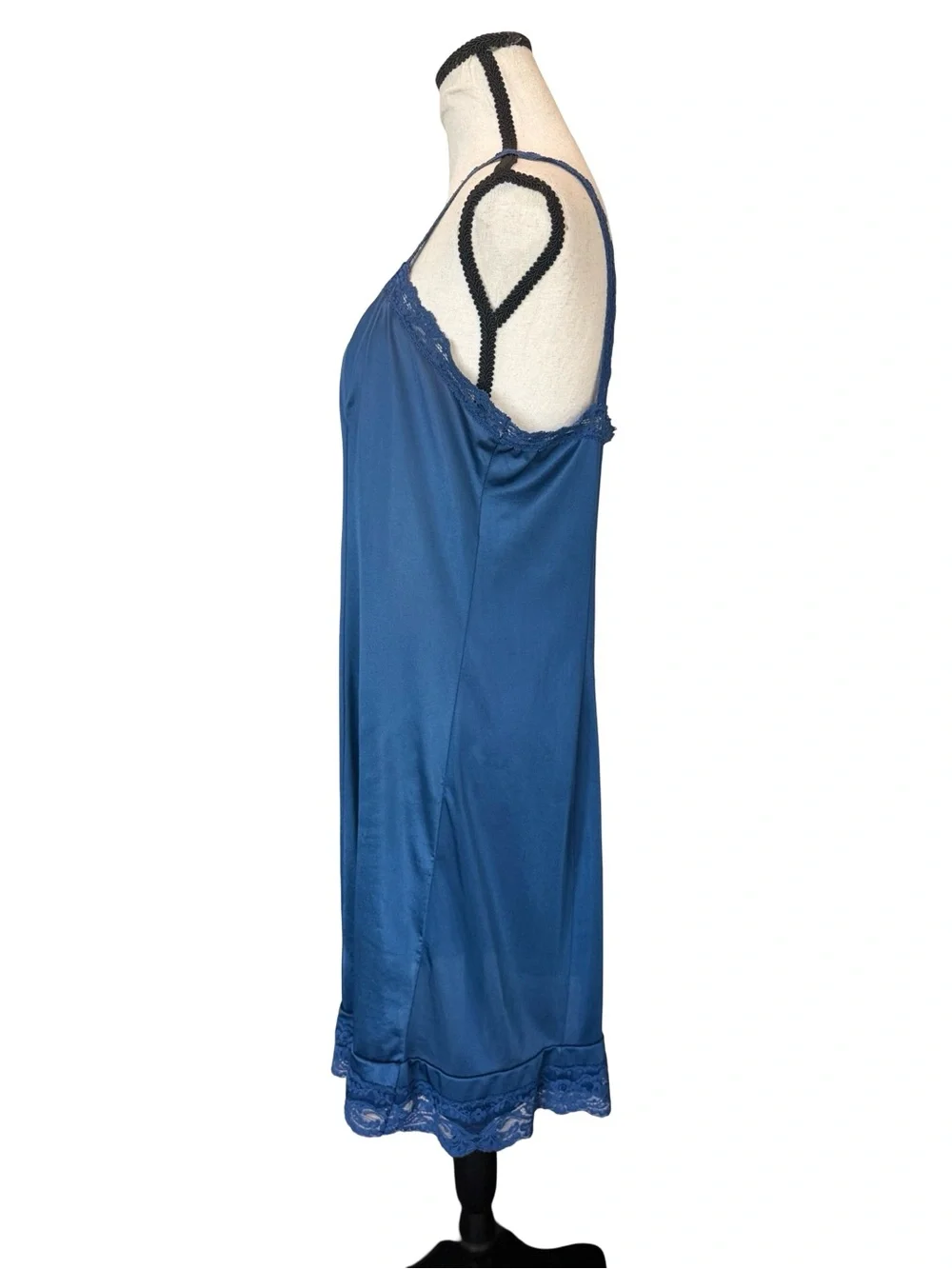Vintage Sheer Elegance Blue Lace Trim Full Slip Nightgown USA Made Lingerie